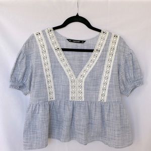 Zara Basic.  Lovely blue white comfy yet feminine semi-crop top.  Size M.